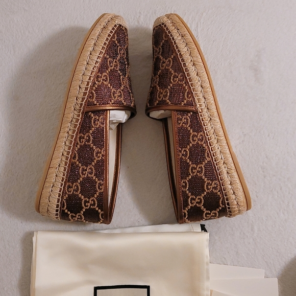 Authentic Gucci Women GG Lamé Espadrille Shoes In Brown - Picture 6 of 13